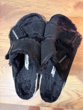 Birkenstock Black Shearling Two-Strap Slide Sandals